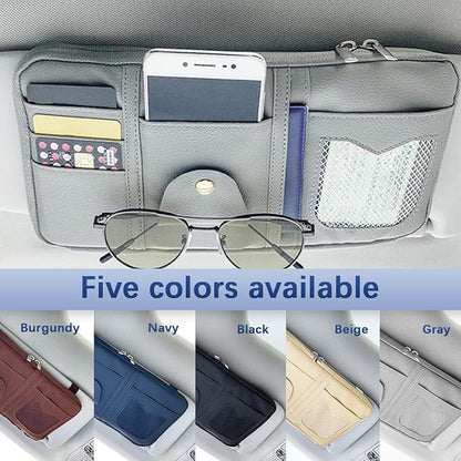 Car Sun Visor Organizer, Multi-Pocket Leather Vehicle Visor Storage Pouch & Sunglasses Holder, Auto Interior Document Card Holder with Double Zipper, Universal for Truck SUV Sedan (Brown)