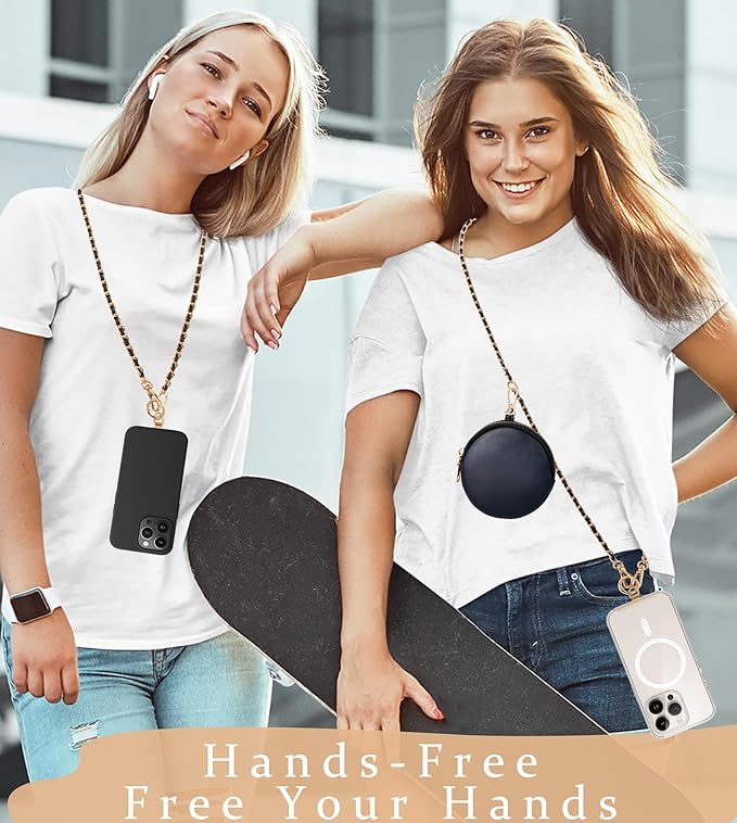 Clip and Go Phone Strap Crossbody with RFID Leather Wallet, Trendy Hands-Free Crossbody Cell Phone Lanyard Chain with Coin Purse for Women, Neck Chain for iPhone and Smartphone, Black Gold