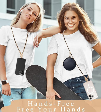 Clip and Go Phone Strap Crossbody with RFID Leather Wallet, Trendy Hands-Free Crossbody Cell Phone Lanyard Chain with Coin Purse for Women, Neck Chain for iPhone and Smartphone, Black Gold