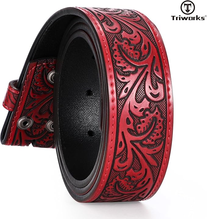 TRIWORKS Western Belt Strap for Men without Buckle 1.5" Wide Floral Engraved Embossed Leather Belt Strap
