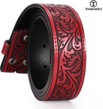 TRIWORKS Western Belt Strap for Men without Buckle 1.5" Wide Floral Engraved Embossed Leather Belt Strap