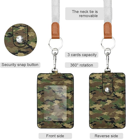 Badge Holder, Army Camouflage PU Leather School College Business ID Badge Card Holder Wallet Case with 1 Clear Window, 2 Credit Card Slots and Detachable Neck Lanyard - Vertical