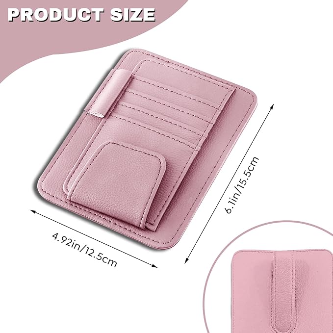 Car Sun Visor Organizer, Multifunctional Auto Visor Document Holder with Sunglasses Clip, Universal Car Interior Accessories Organizer for Drving License, Card, Pen (Pink)