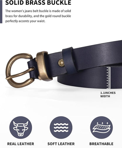 Womens Belts for Jeans Genuine Leather Belt Vintage Solid Brass Circle buckle Gift Box Packaging
