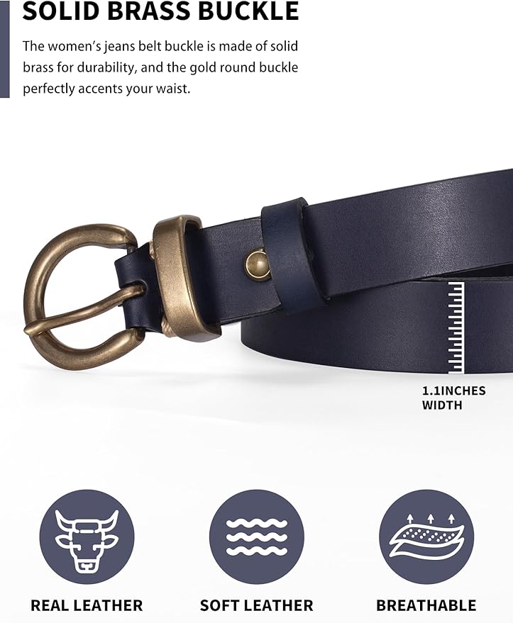 Womens Belts for Jeans Genuine Leather Belt Vintage Solid Brass Circle buckle Gift Box Packaging