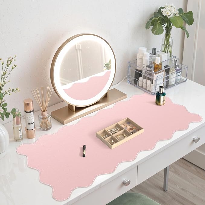 iCasso Leather Desk Pad Pink,Extra Large Mouse Pad for Desktop,Waterproof PU Nail Table Mat,Cute Scalloped Keyboard Mats for Women Girl,Non-Slip Desk Cover Mat for Office Home Dorm