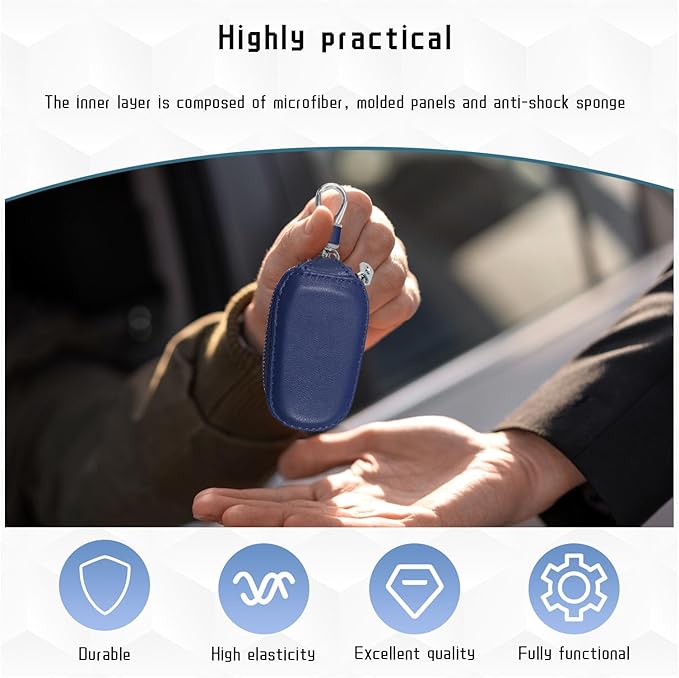 Car Key Case, Genuine Leather Auto Key Fob Cover Case, Key Fob Protector with Metal Hook, Car Smart Keychain Holder (Blue)