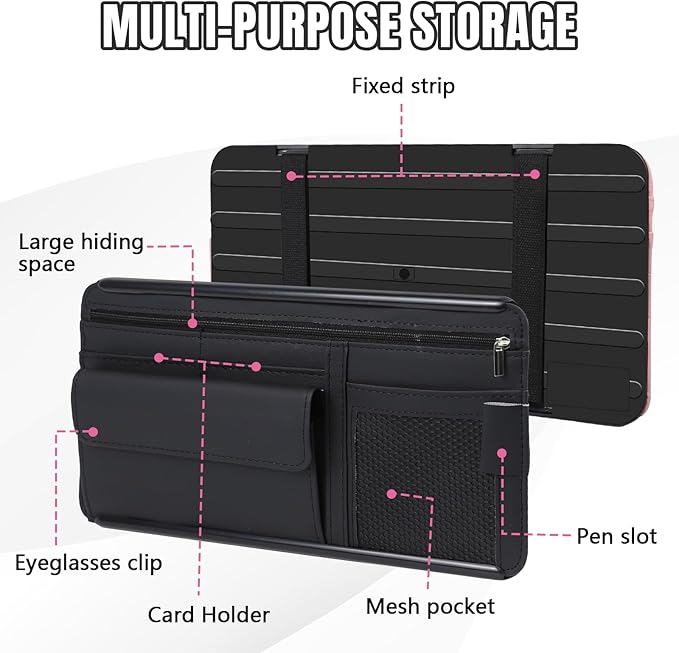 Hovom Car Visor Organizer, Leather Multi-Pocket Auto Sun Visor Storage Pouch with Sunglasses Holder, Card Holder, Zipper Pocket, Net Pocket, Pen Slot, Universal Interior Car Accessories (Black)