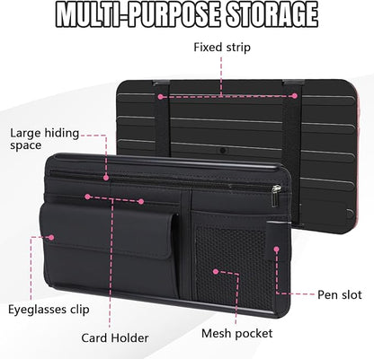 Hovom Car Visor Organizer, Leather Multi-Pocket Auto Sun Visor Storage Pouch with Sunglasses Holder, Card Holder, Zipper Pocket, Net Pocket, Pen Slot, Universal Interior Car Accessories (Black)