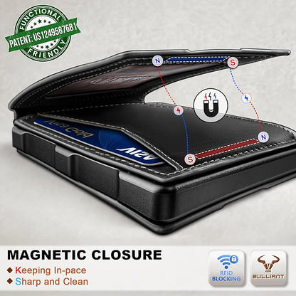 BULLIANT Men Wallet, Metal Wallet Money Clip Magnetic Flip Top Grain Leather 13 Cards Pop-up Access Simplifed Bill Folder