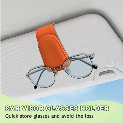 Sunglass Holder for Car, Sunglasses Clip for Car Visor, Magnetic Leather Vehicle Eyeglass Hanger Clip, Auto Ticket Card Glasses Organizer Clamp Accessories for SUV Sedan (Orange)