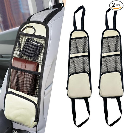 2PCS Car Seat Side Organizer, Seat Side Storage Pocket, Multifunctional Mesh Net Pocket, Car Multi-Pockets Backseat Organizer Side Hanging Bag for Storage Coins, Cell Phones (Beige, 2PCS)