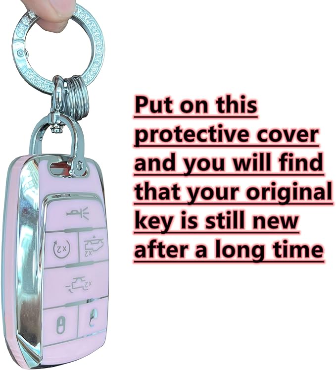 Key Protective Shell for RAM Key Fob Cover with Keychain Fit for RAM 1500 2500 3500 Smart Key Case Accessories (6-Button-Pink-Silver)
