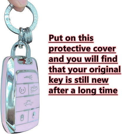 Key Protective Shell for RAM Key Fob Cover with Keychain Fit for RAM 1500 2500 3500 Smart Key Case Accessories (6-Button-Pink-Silver)