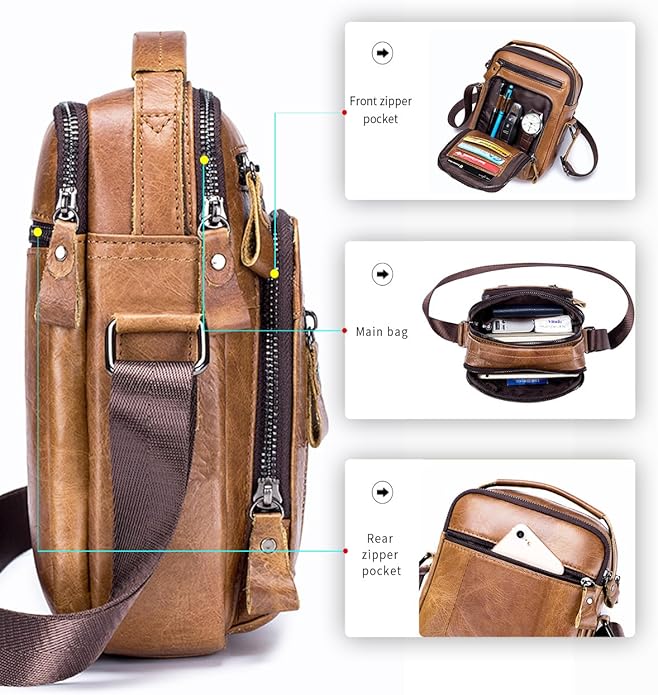 Men's Vinatge Leather Crossbody:Compact with Organized Pockets,Stylish & Functional for Everyday Carry