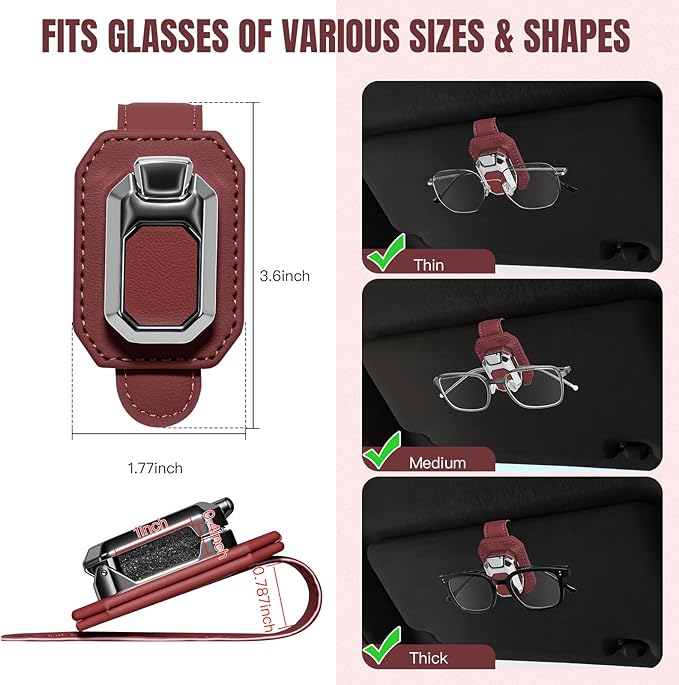 2PCS Sunglass Holder for Car Visor, Faux Leather Eyeglass Holder Clip for Car Sun Visor Organizer, Universal One Handed Operation Sun Glass Hanger, Car Interior Accessories for Women Man