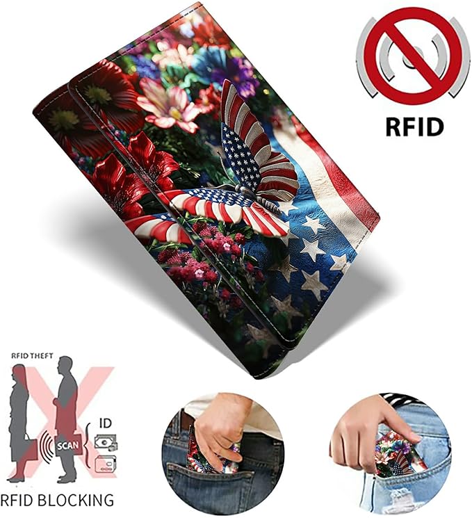 Minimalist Wallet for Men's Card Holders, Pop-Up Card Case Wallets for Women, Leather Automatic Credit Card Holder with Metal Money Clip RFID Blocking Bifold Pocket, National Flag Butterfly