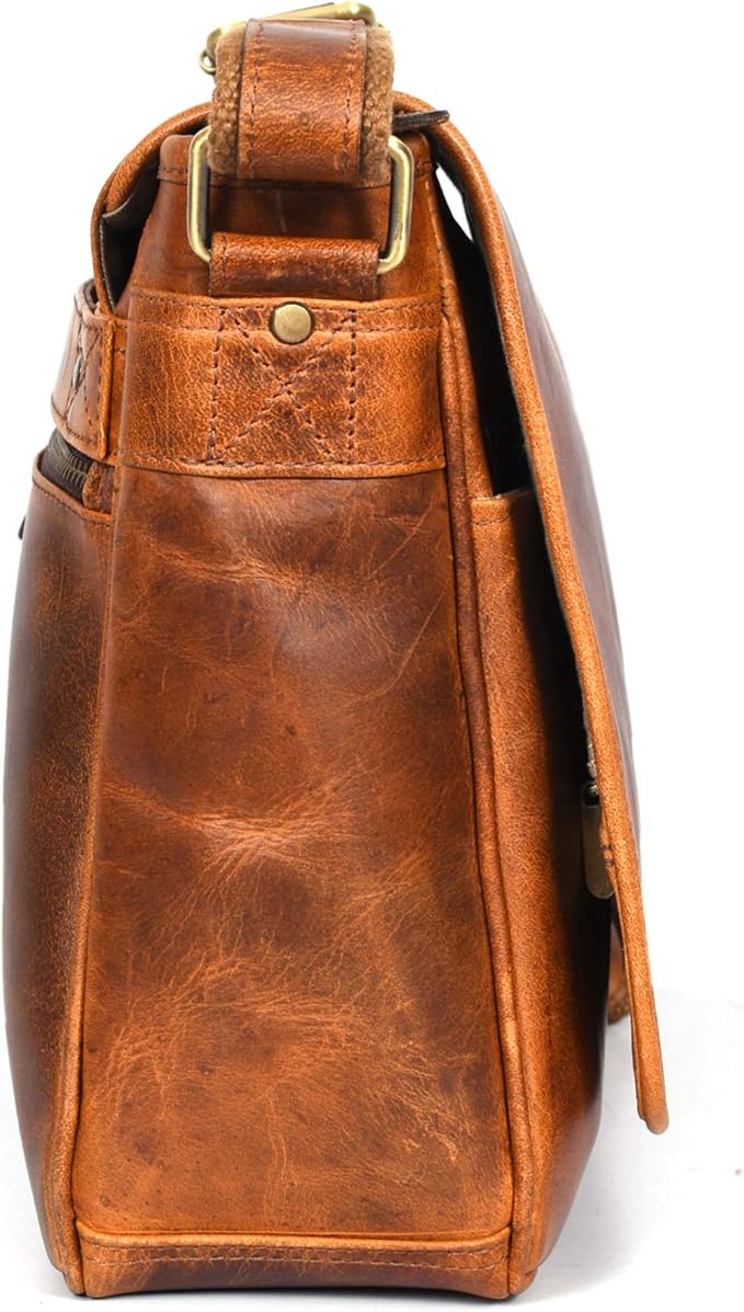 16" Crossbody Bag Leather Laptop Messenger Bag For Men with trolley sleeve for school office (Caramel)