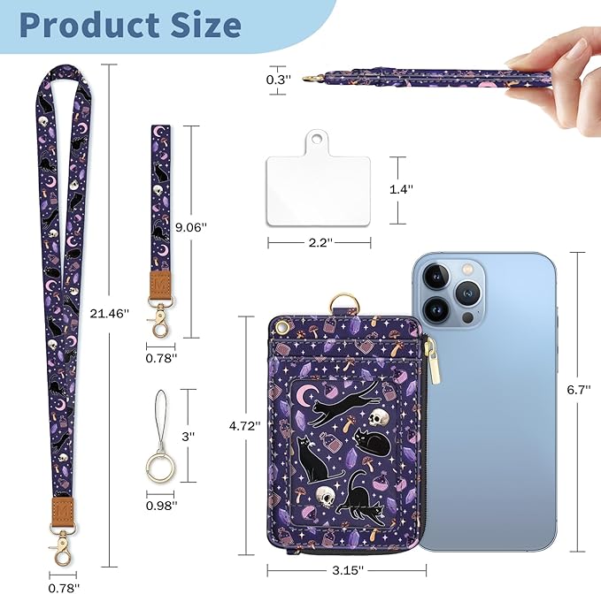 Lanyard Wallet with Id Badge Holder, Cat RFID Small Keychain Wallet Women Wristlet, Goth Skull Zipper Credit Card Holder Phone Wrist Neck Strap for Key Name Tag, Teacher Student Office Gifts