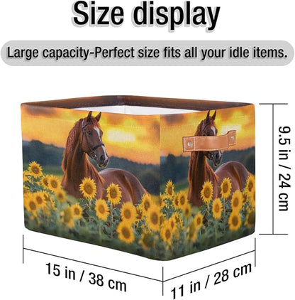 AUUXVA Animal Horse Sunflower Square Storage Basket Bin Canvas Fabric Compressible Organizer Basket with Handle for Bedroom Nursery Office, 2 PCS