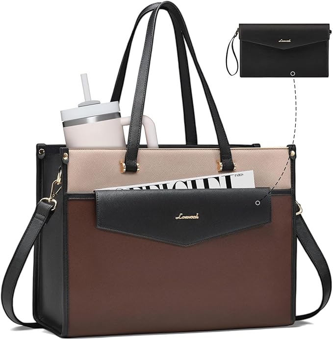 LOVEVOOK Laptop Bag for Women, 15.6'' Laptop Tote Purse 2-in-1 Professional Work Bag Business Briefcase with Clutch Purse, Waterproof Leather Computer Handbag for Teacher Office Travel