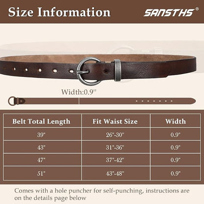SANSTHS Womens Genuine Leather Belts for Jeans Pants Trendy Vintage Thin Leather Belt Gold Buckle Ladies Skinny Waist Belt