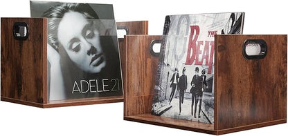 Vinyl Record Storage Crate 2 Pack, Holds up To 60 LPs, Album Visible Storage Box with Acrylic Front, Handle, Wooden Multi-Purpose Organizer for Records, Magazines and Books, Desktop and Home Office