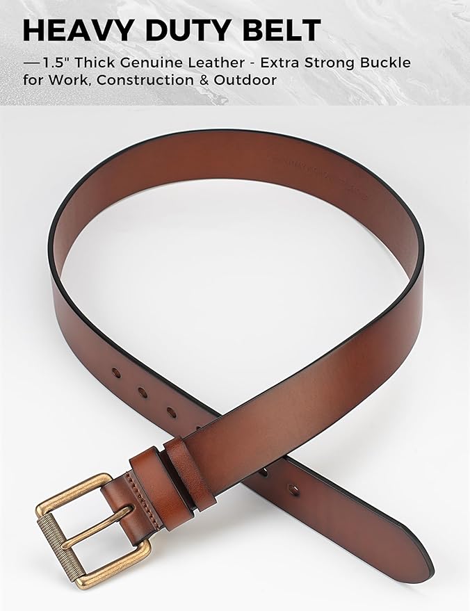 Mens Heavy Duty Full Grain Leather Belt - 1 1/2 Italian Genuine Leather with Sturdy Buckle for Jeans Casual Pants