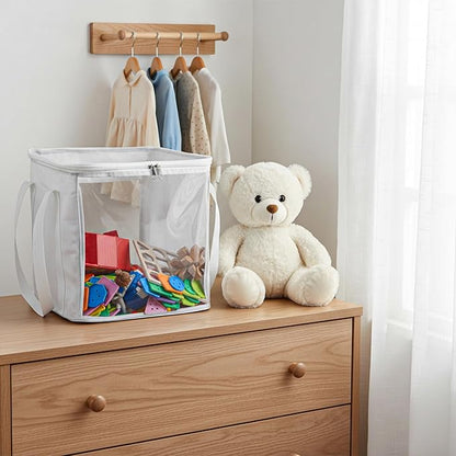 3 Pack Large Storage Bins, Foldable PVC Organizer Box with Transparent Lid & Handles, Multi-Purpose Toy Clothes Books Home Decor Storage (White, 12 Inch)