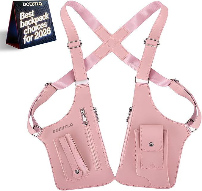 Leather Double Shoulder Armpit Bag for Men Underarm Concealed Rover The Holste Vest for Mens Adjustable Leather Bag (Pink)