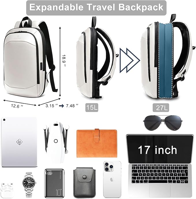 hk Business Backpack for Men 17 Inch,Slim & Expandable Waterproof Travel Laptop Backpack with USB Charger Port (White)