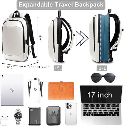 hk Business Backpack for Men 17 Inch,Slim & Expandable Waterproof Travel Laptop Backpack with USB Charger Port (White)