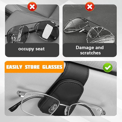 Sunglasses Holder for Car Visor, Microfiber Leather Magnetic Sun Visor Eyeglasses Hanger & Ticket Card Clip, Multi-Function Automotive Interior Glasses Mount, Universal Fit (Black)