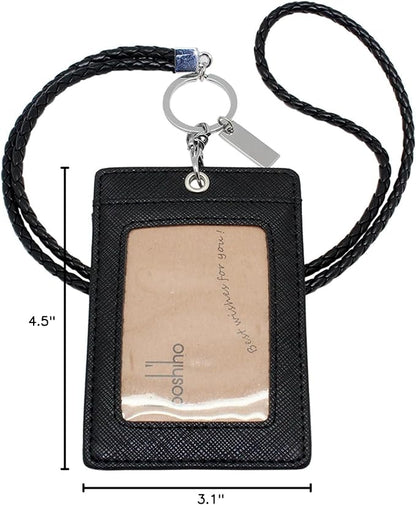 Boshiho Vertical Style Leather ID Card Badge Holder with Keychain Lanyard (Black with Keychain)