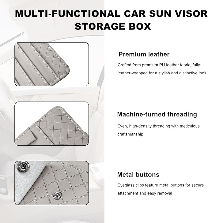 Sun Visor CD Case Holder for Car, Leather Auto Visor DVD Storage Case with Card Slots & Pen Holder, Multi-Pocket Large Capacity CD Layered Organizer for Most Vehicles (Gray)