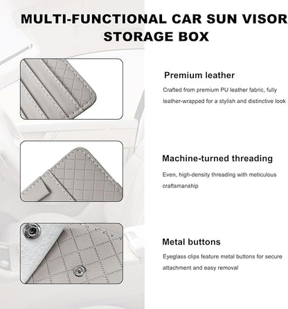 Sun Visor CD Case Holder for Car, Leather Auto Visor DVD Storage Case with Card Slots & Pen Holder, Multi-Pocket Large Capacity CD Layered Organizer for Most Vehicles (Gray)