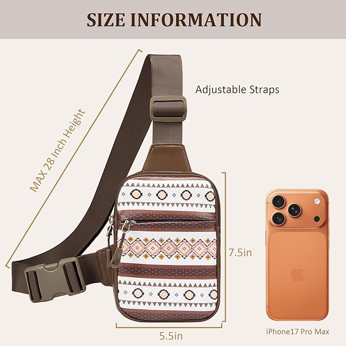 Mini Crossbody Sling Bag, PU Leather Chest Bag with Native American/Indigenous Patterns, Dual Pocket Water Resistant Fanny Pack, Running Phone Holder for Men Women Workout Travelling (Aztec Boho)