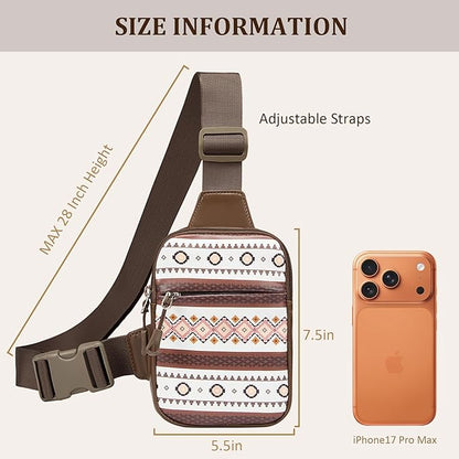 Mini Crossbody Sling Bag, PU Leather Chest Bag with Native American/Indigenous Patterns, Dual Pocket Water Resistant Fanny Pack, Running Phone Holder for Men Women Workout Travelling (Aztec Boho)