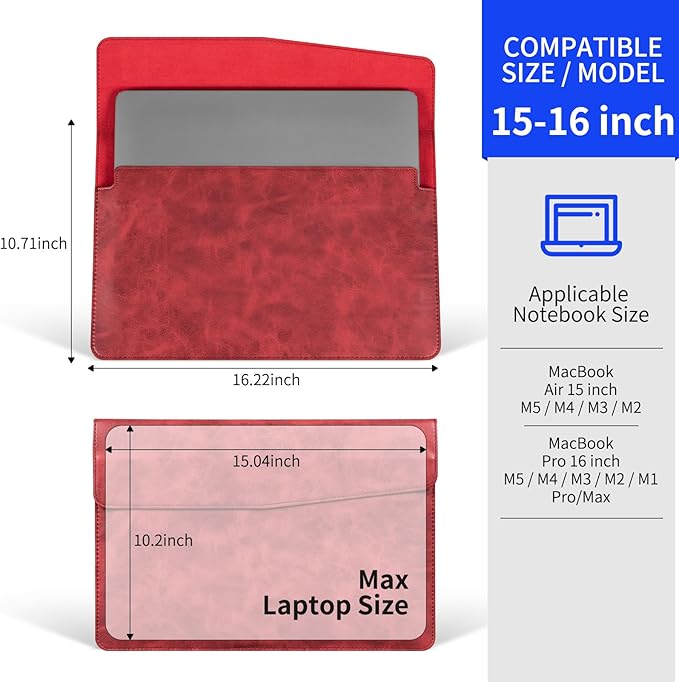 16 Inch Leather Laptop Sleeve Compatible with MacBook Pro 16 Inch M5 M4 M3 M2 M1 Pro/Max＆MacBook Air 15 Inch M5 M4 M3 M2, Genuine Leather Protective Case Cover,Vintage Red