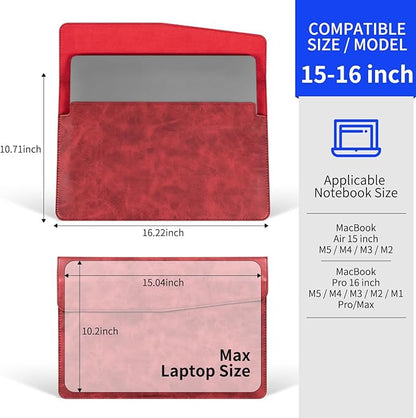 16 Inch Leather Laptop Sleeve Compatible with MacBook Pro 16 Inch M5 M4 M3 M2 M1 Pro/Max＆MacBook Air 15 Inch M5 M4 M3 M2, Genuine Leather Protective Case Cover,Vintage Red