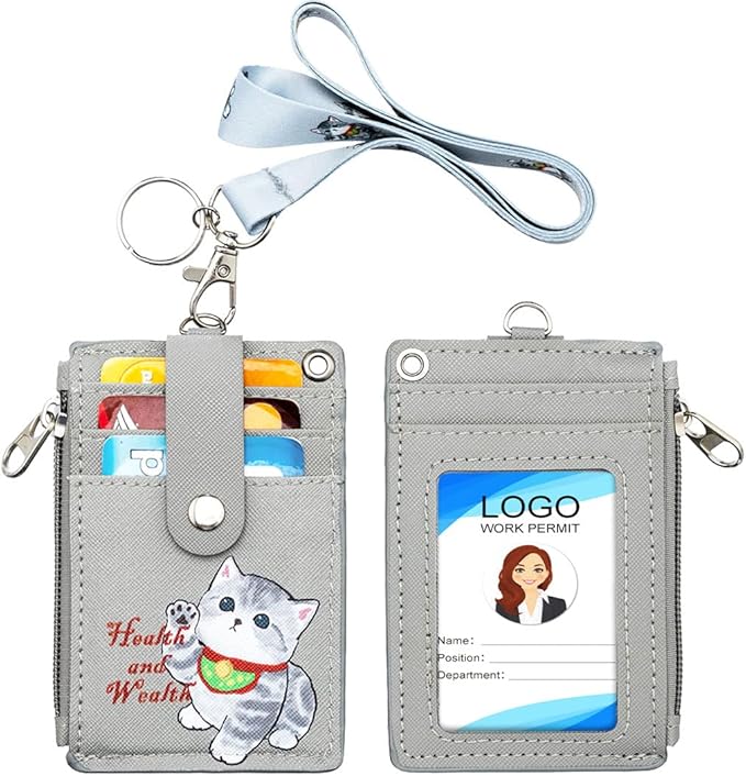 HASFINE ID Badge Holder with Cute Cat Character Design PU Leather ID Card Wallet, 2-Sided 5 Card Slots, Zippered Pocket, Detachable Keychain Lanyard for Teachers, Students, Nurses, Office Staff