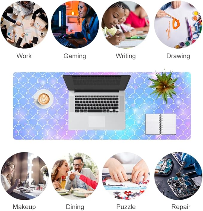 QiyI Large Desk Pad, Colorful Mouse Pad Desktop Decor, Waterproof PU Leather Desk Cover Protector, Desk Accessories for Office Home Work Writing Gaming 31.5" x 11.8" - Gradient Fish Scales