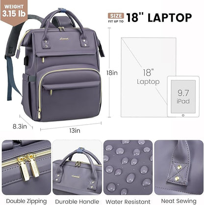LOVEVOOK Leather Laptop Backpack for Women 18 inch,Travel Backpack Purse Nurse Teacher Backpack Computer Laptop Bag,Professional College Business Work Bags Carry On Backpack with USB Port,Grey Purple