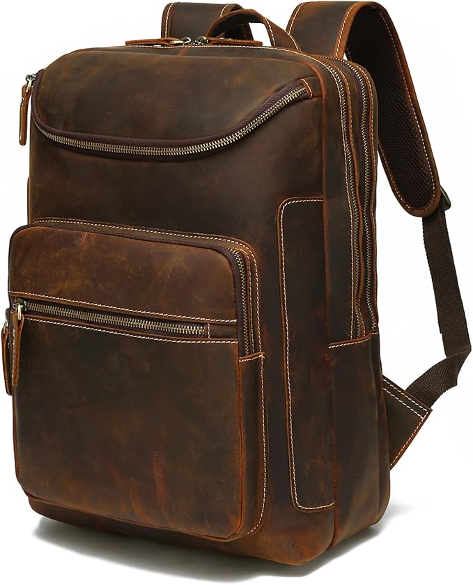 LANNSYNE Vintage Genuine Leather 16" Laptop Backpack For Men Hiking Travel Bag Camping Rucksack