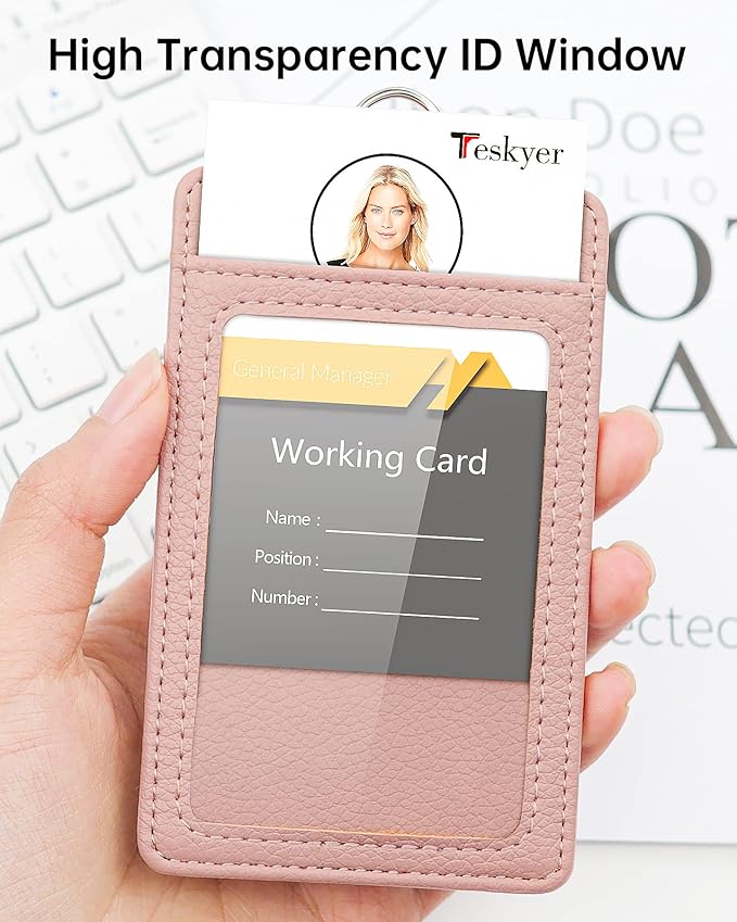 Teskyer Badge Holder with Lanyard, Leather ID Name Badge Card Holder with Lanyard for ID Badges, Vertical, Lychee Pattern Dark Pink