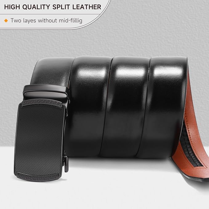 SENDEFN Men's Leather Belt - Automatic Ratchet Slide Buckle, Easy Trim-to-Fit Function, Packaged with Gift Box