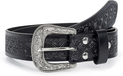 Utaly Men's Casual Leather-Belt, Western-Belt for Women Vintage Carved-Buckle Cowboy-Waist-Belts for Jeans Waist 28"-39"