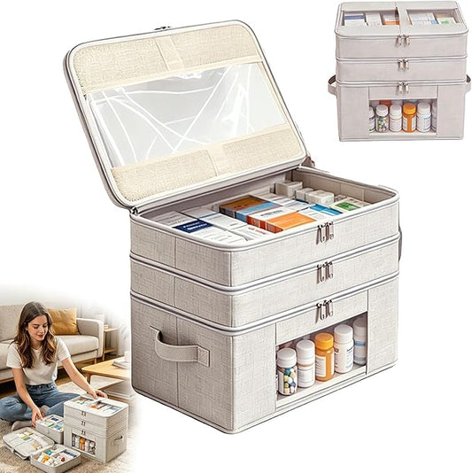 3-Tier Medicine Cabinet Organizer, Foldable Fabric Medicine Storage Box with Clear Cover and Handle,Multipurpose Medicine Organizer Box for First Aid, Home and Travel