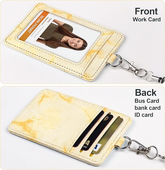 ID Badge Holder with Lanyard Marble Pattern Retractable Badge Holder PU Leather with Clear ID Window 1 Credit Card Case Name Badge Keychain Tags Protector for Women Nurse Teacher Office (Yellow)