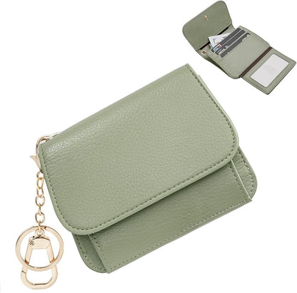 Women Small Wallet RFID Blocking Slim Wallet with Coin Pocket Tri-Fold Credit Card Holder with ID Window and Keychain(Light Green)